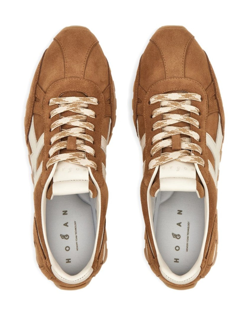Hogan Brown Suede Flats With White Leather Accents And Rubber Sole