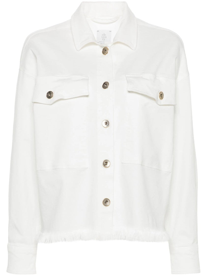 Eleventy White Frayed Hem Metallic Accents Cotton Long-Sleeve Shirt