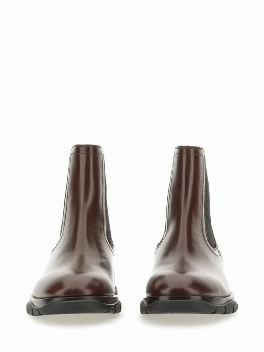 Alexander Mcqueen Polished Leather Brown Boots With Elastic Side Panels