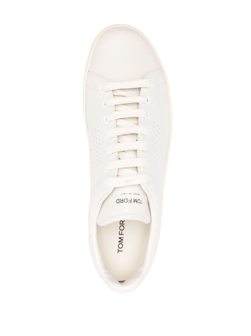 Tom Ford Cream-White Grained Leather Sneakers With Perforated Logo