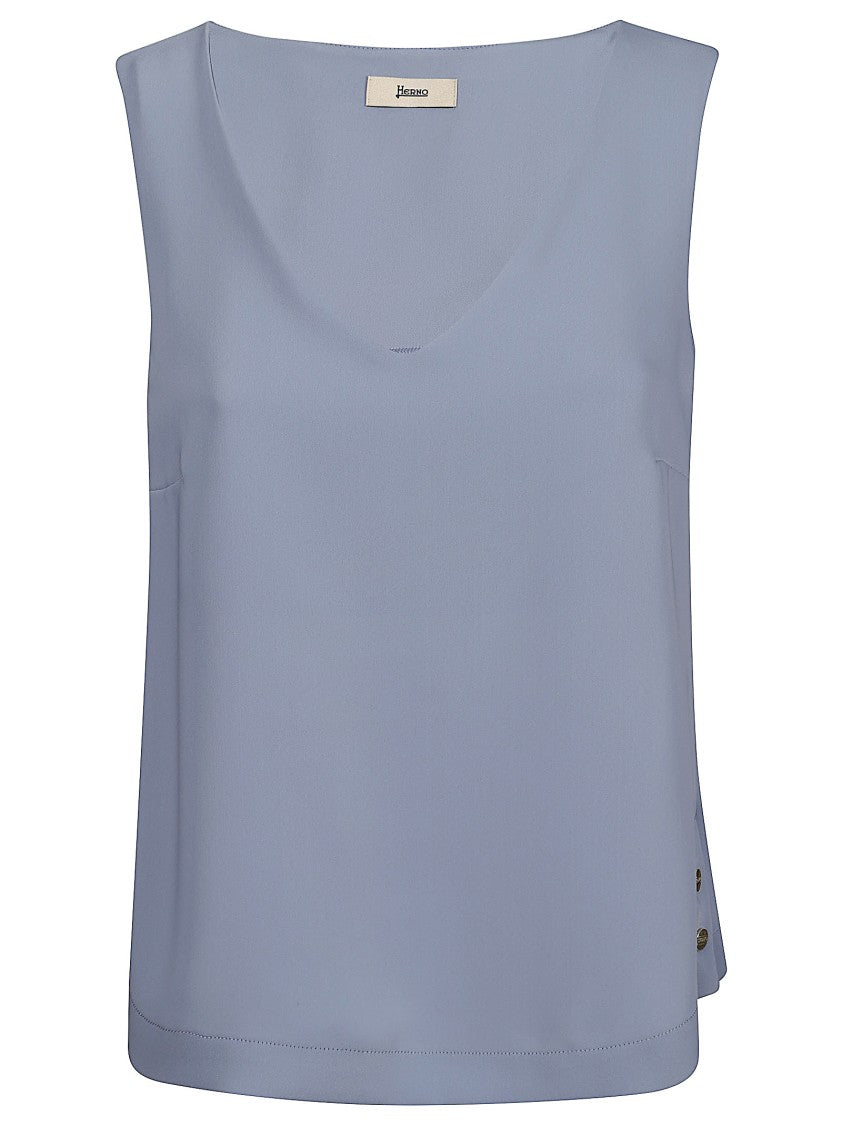 Herno Fluid Light Blue Top With V-Neckline And Button Detail