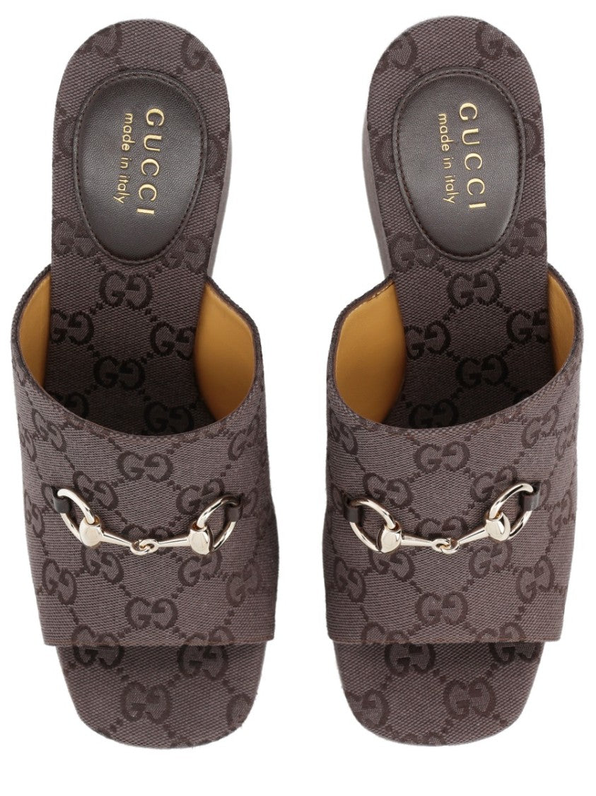 Gucci Gg Monogram Horsebit Fabric Wedge Sandals