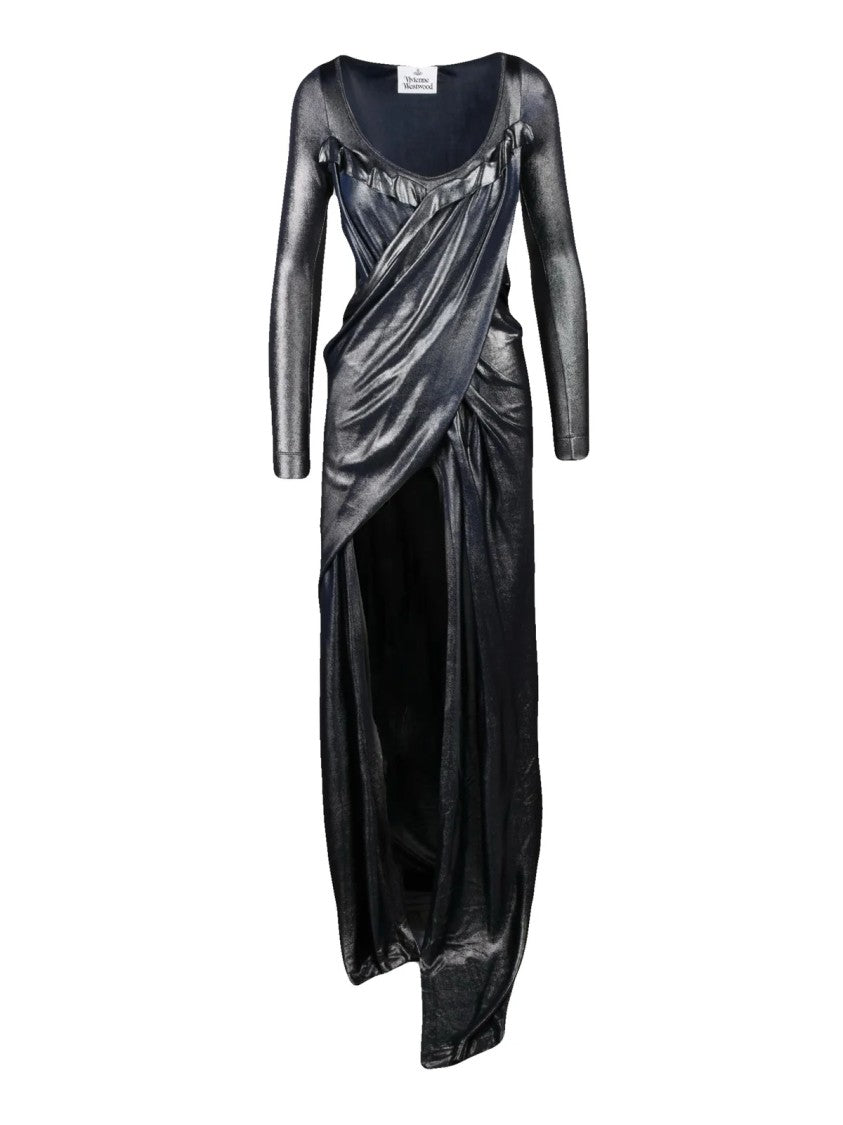 Vivienne Westwood Asymmetric Long Dress With Integrated Bodysuit In Silver Lamé