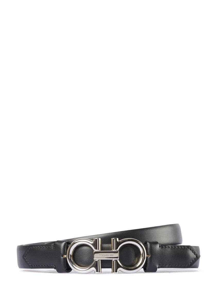 Ferragamo Narrow Leather Belt With Double Gancini Buckle