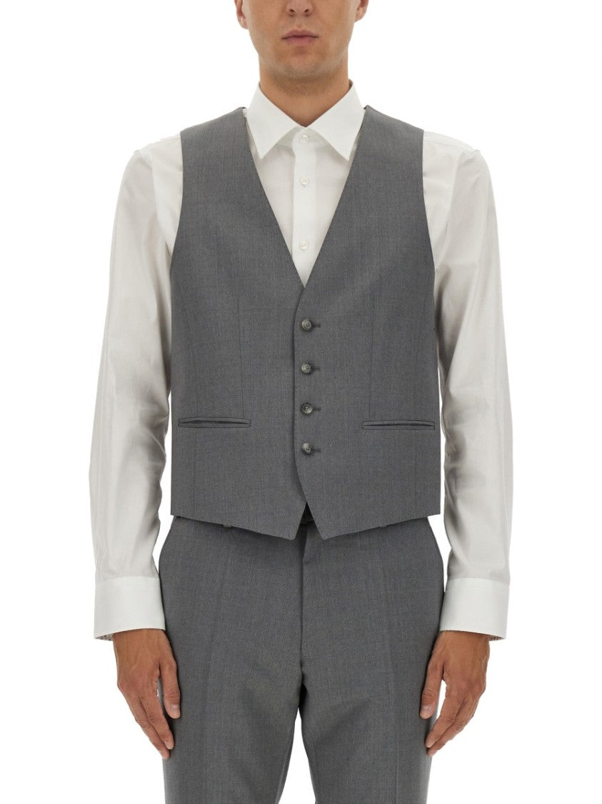 Boss Tailored Grey Vest With Classic V-Neckline And Adjustable Design