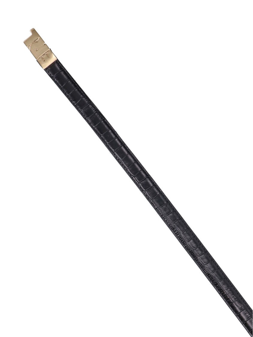 Erl Black Embossed Gold Buckle Calfskin Leather Belt