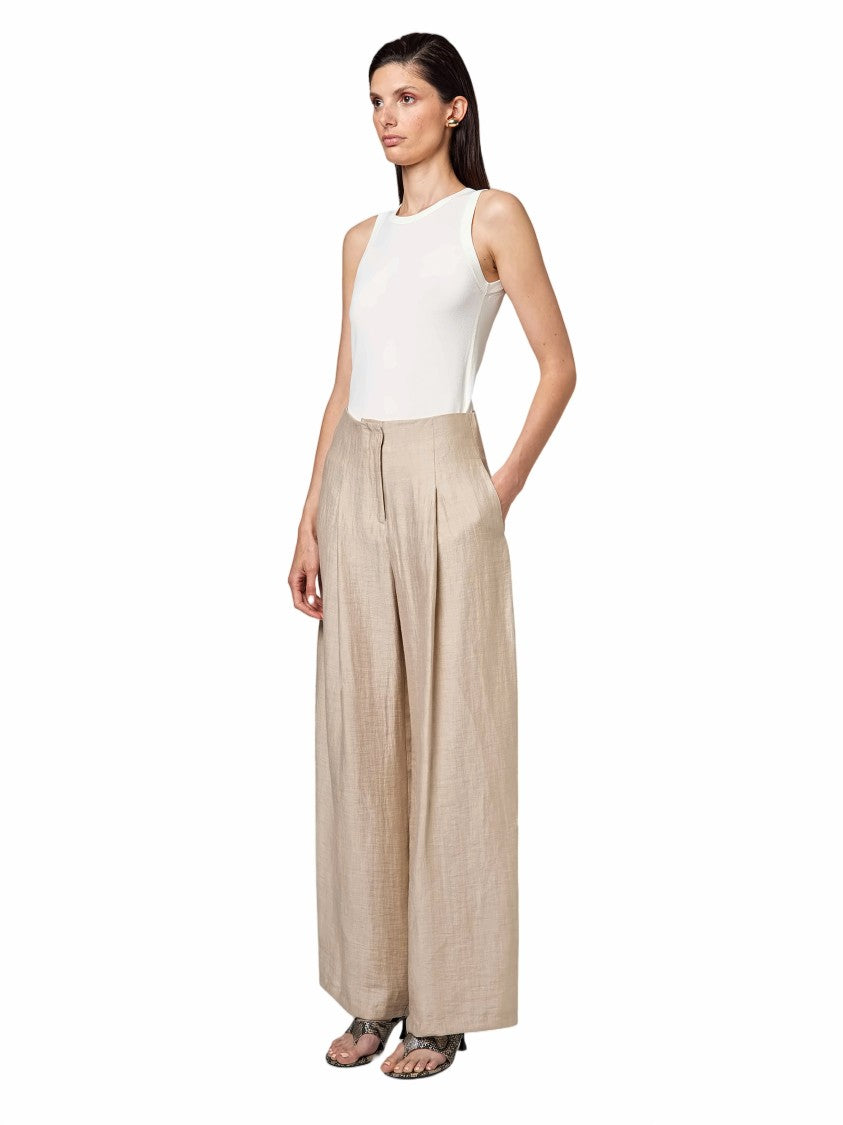 Alpha Studio High-Waisted Pleated Linen Wide-Leg Pants