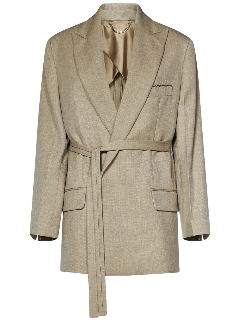 Victoria Beckham Belted Tailored Beige Dress In Virgin Wool