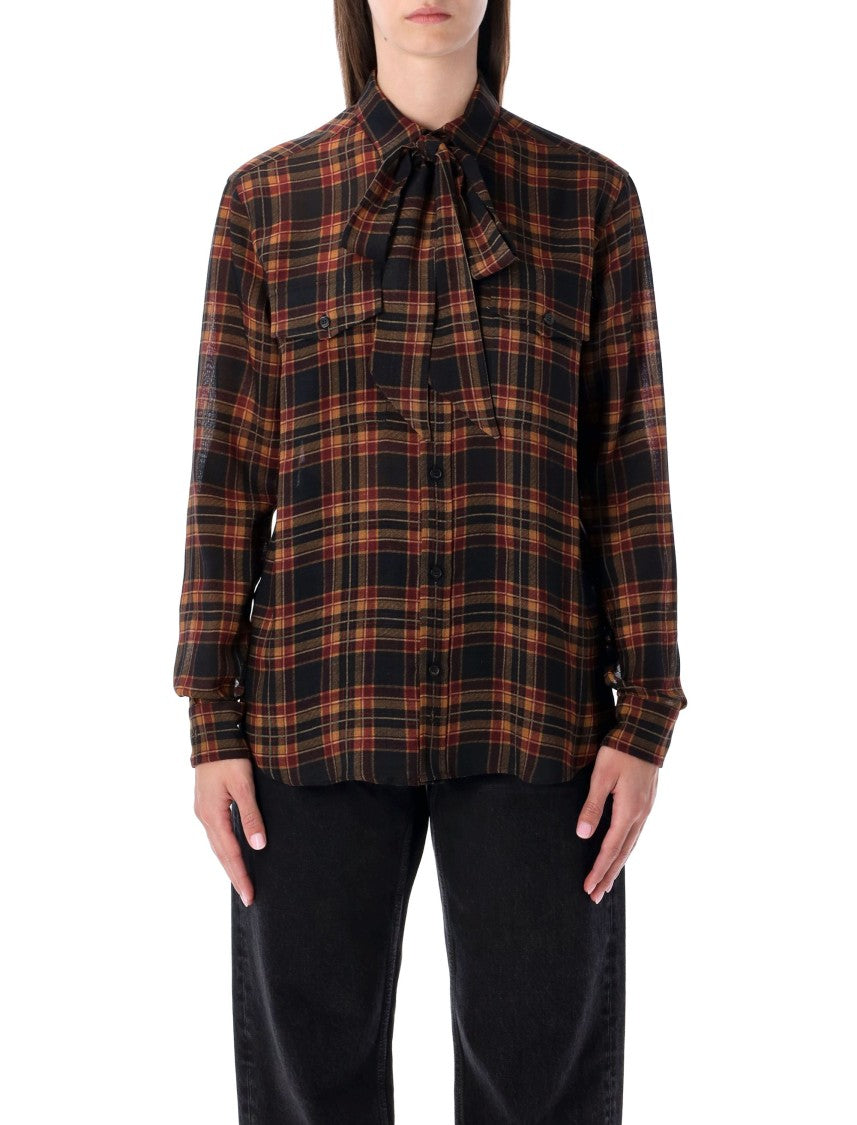 Saint Laurent Checked Wool Shirt With Lavallière Bow