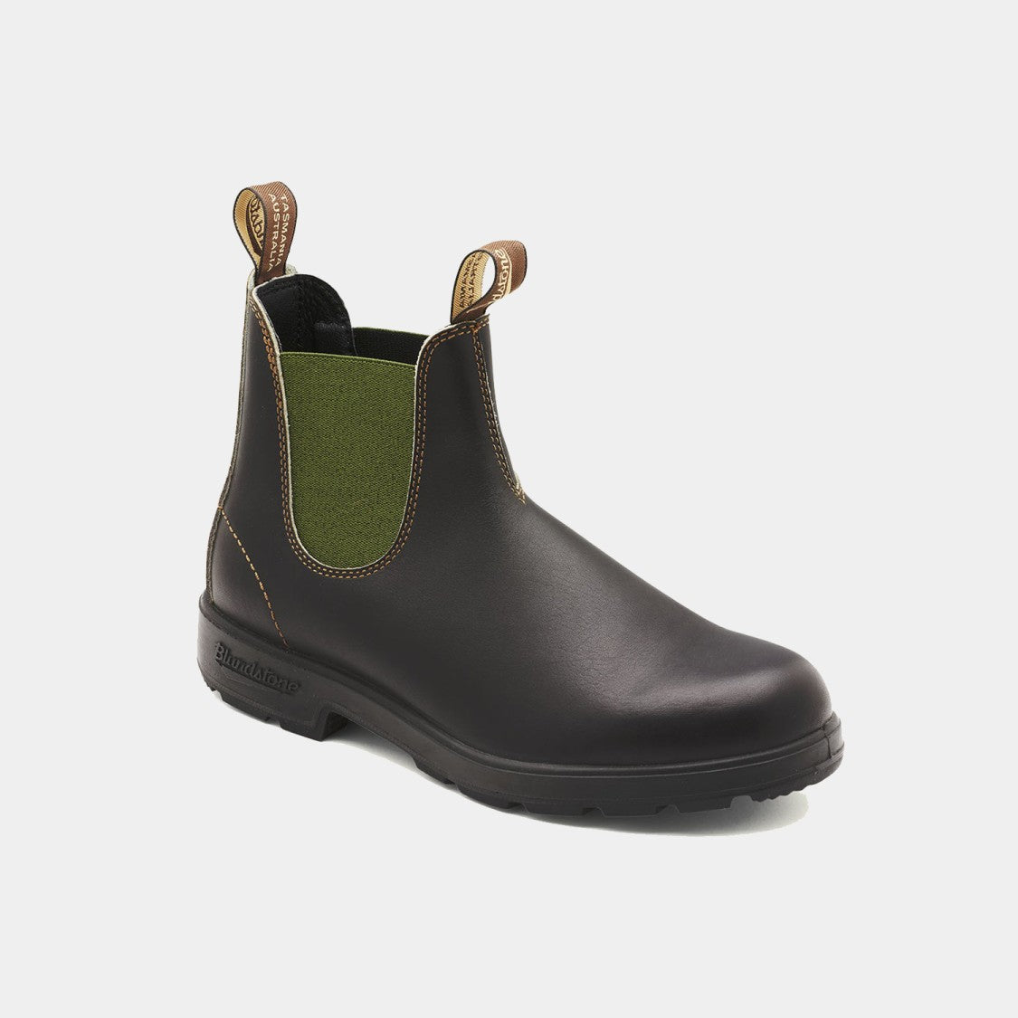 Blundstone Brown Leather Ankle Boot With Olive Elastics