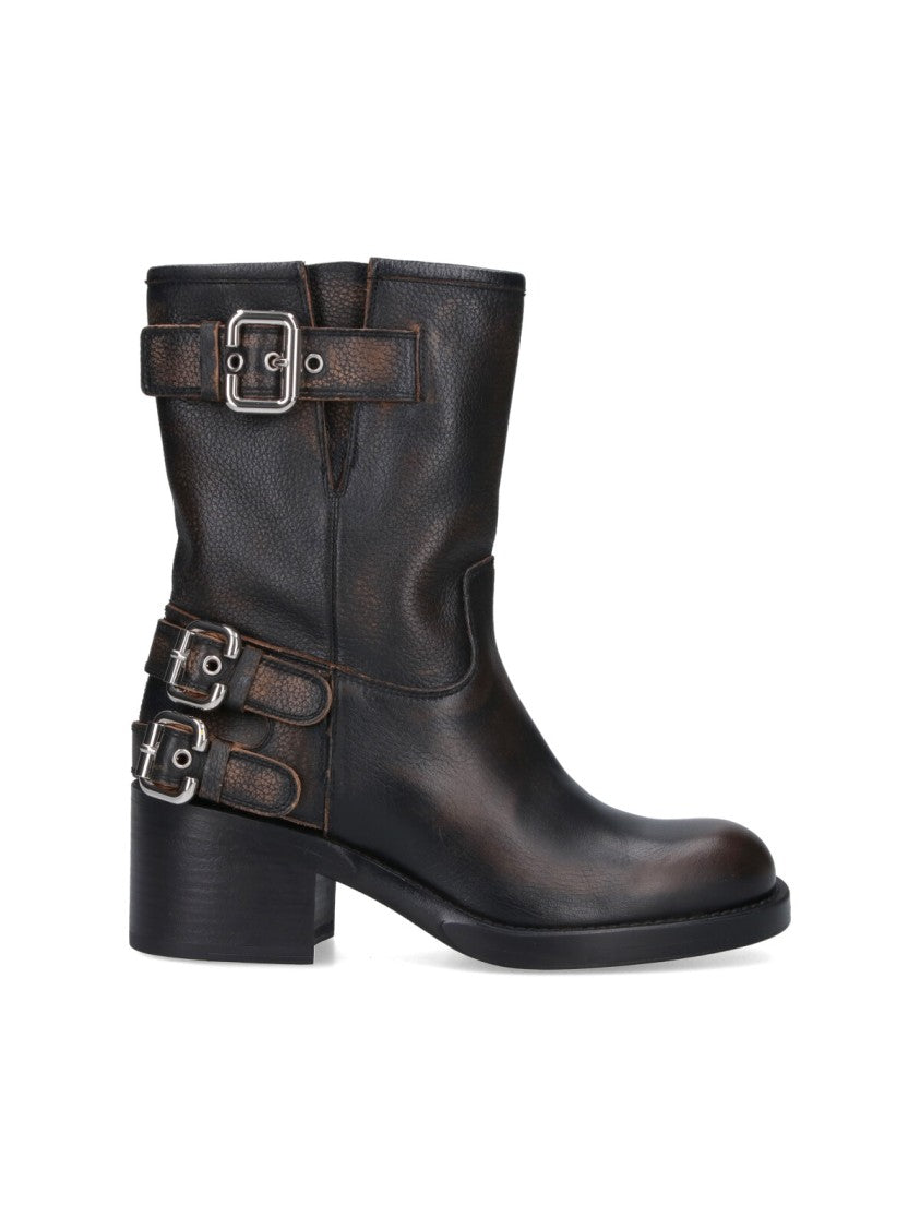 Chloé Mid-Calf Black Leather Boots With Silver-Tone Buckles