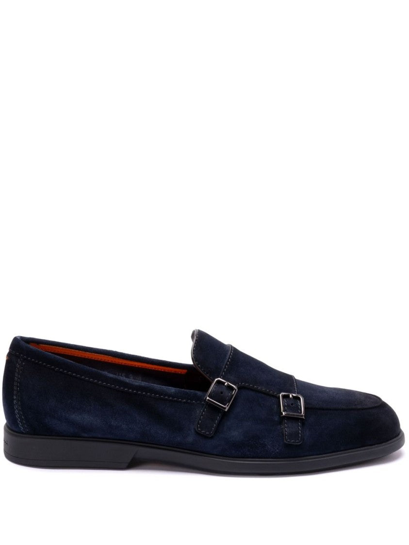 Santoni Navy Blue Almond Toe Moccasins