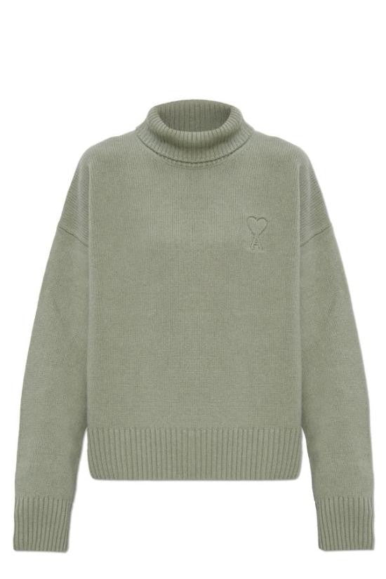 Ami Paris Cropped Green Turtleneck Sweater With Ribbed Texture And Embroidered Logo