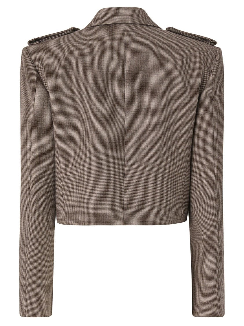 Pinko Cropped Brown Checkered Blazer With Structured Silhouette