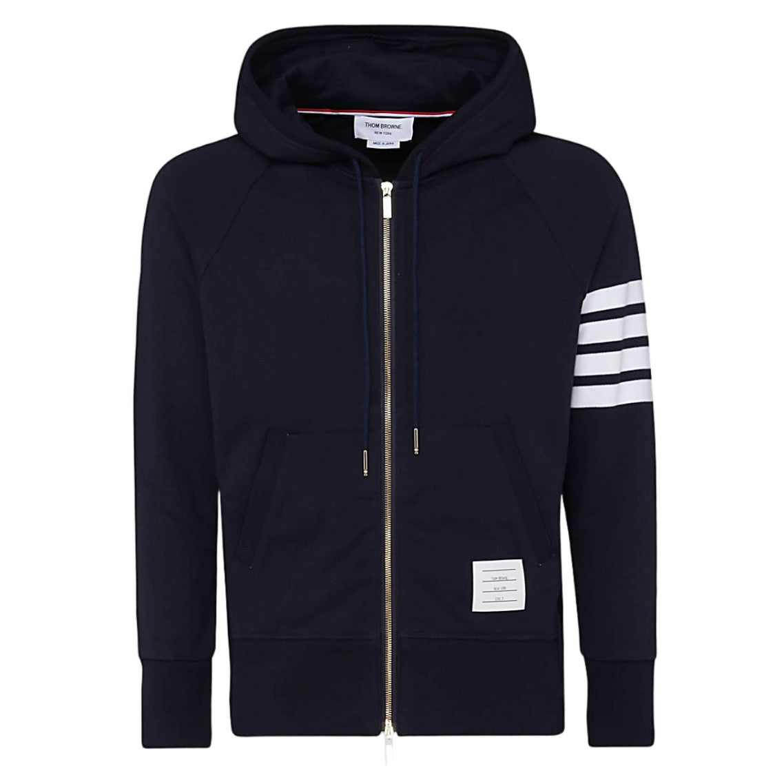 Thom Browne Zip-Up Hoodie With Contrasting Sleeve Stripes And Signature Patch