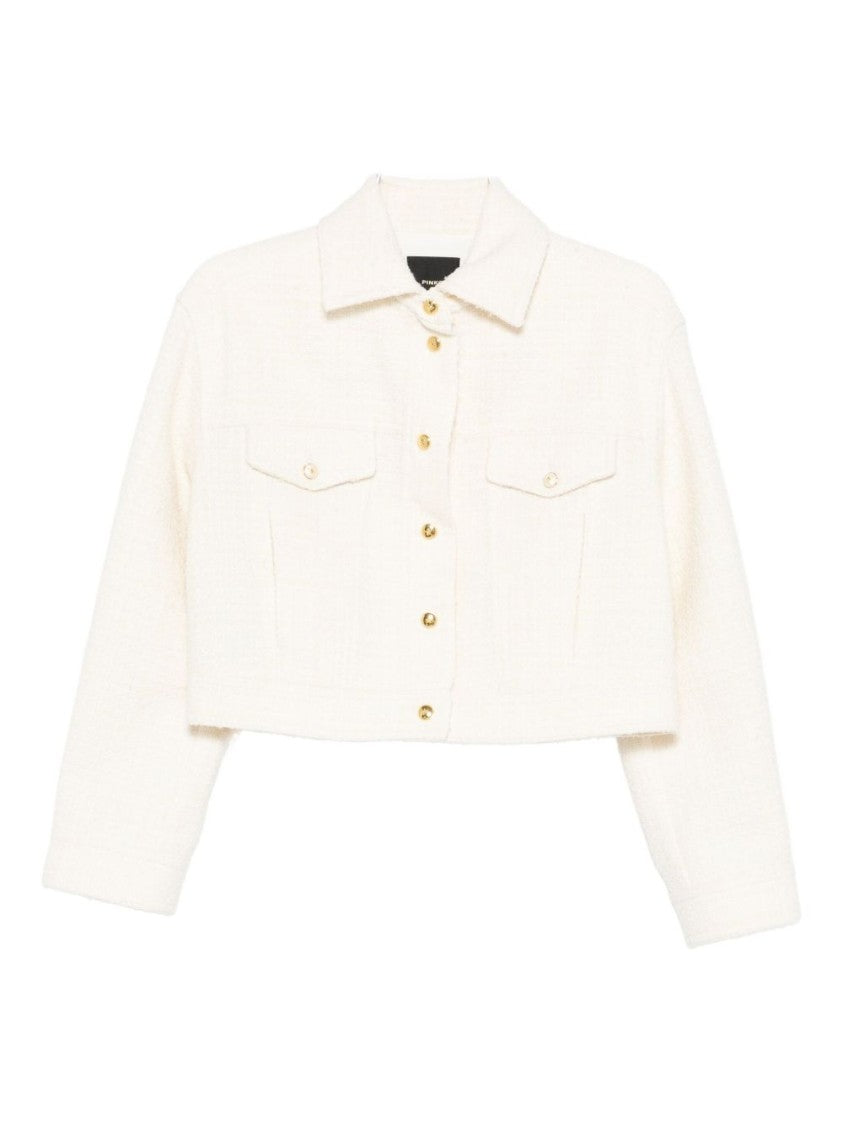 Pinko Cropped White Textured Jacket With Gold-Tone Accents