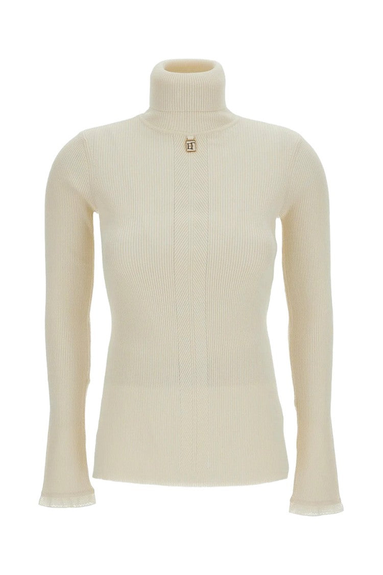 Elisabetta Franchi Cream Ribbed Turtleneck Sweater