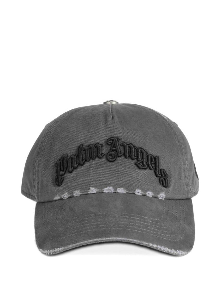 Palm Angels Washed Gray Cotton Cap With Gothic Embroidery