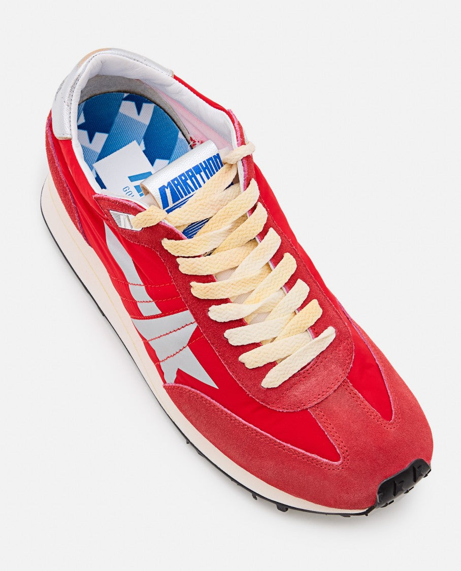 Golden Goose Lace-Up Low-Top Sneakers With Red Suede Overlays