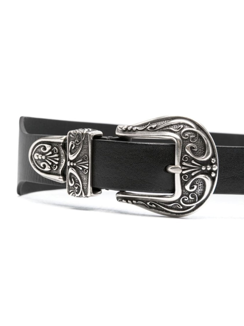 Golden Goose Black Leather Belt With Ornate Silver-Tone Buckle