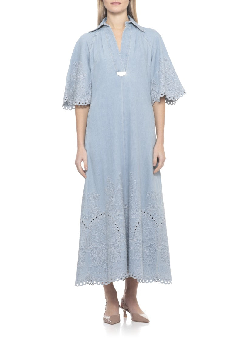 Zimmermann Light Blue Denim Midi Dress With Embroidered Details