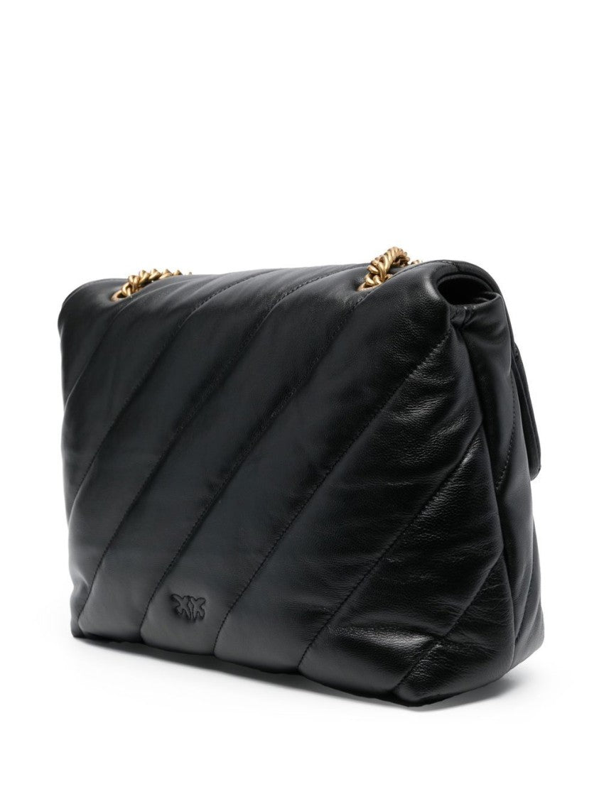 Pinko Quilted Black Calf Leather Shoulder Bag With Signature Love Birds Buckle