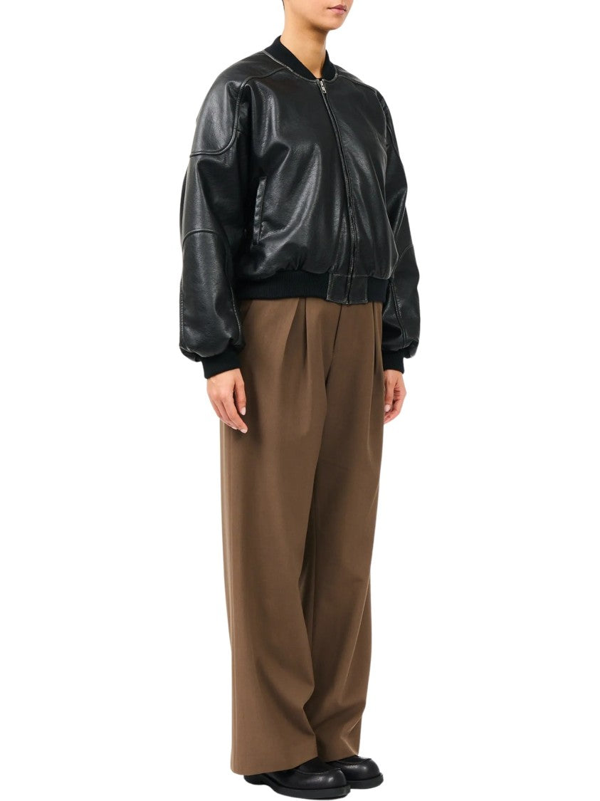 Mm6 By Maison Margiela Cropped Black Faux Leather Sports Jacket With Ribbed Detailing