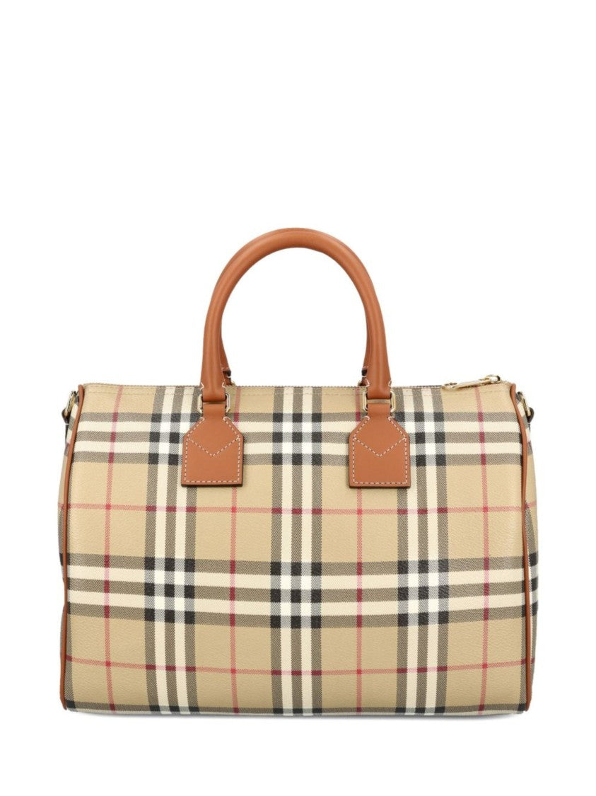 Burberry Beige Canvas Bowling Bag With Classic Check Pattern And Leather Accents