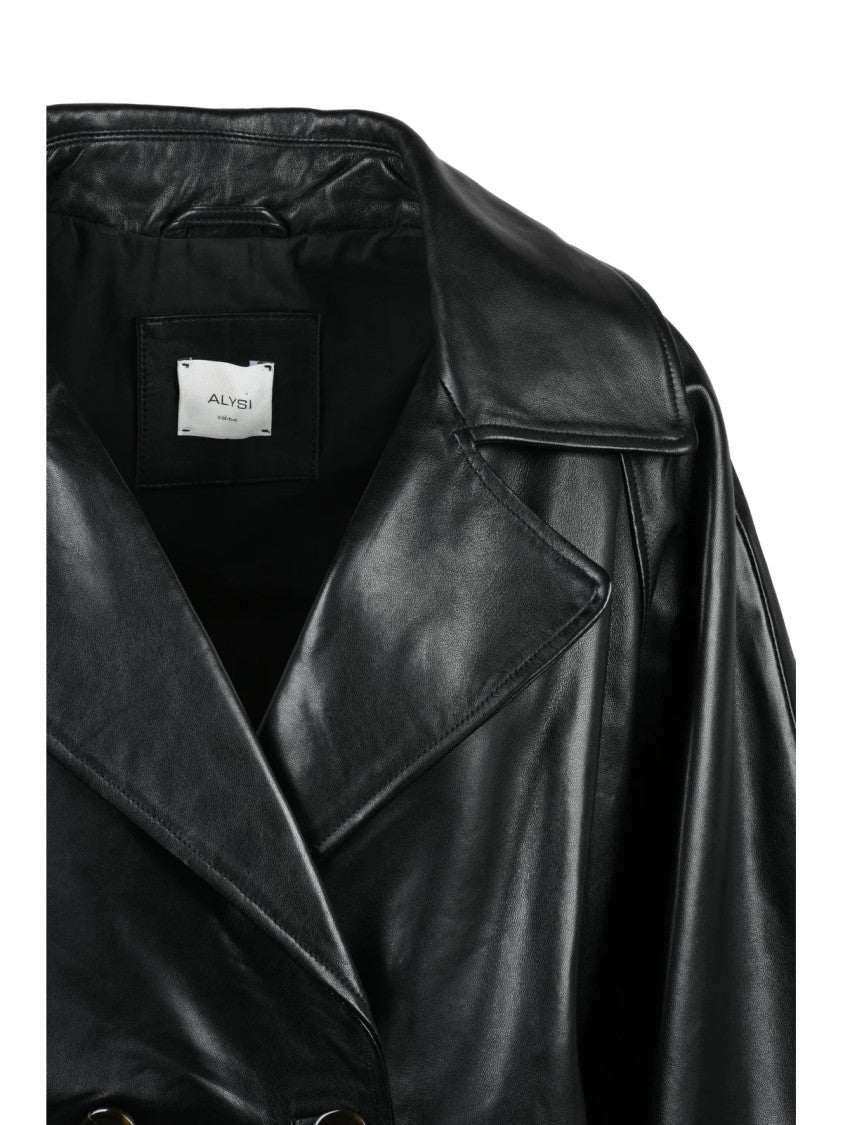 Alysi Black Leather Trench Coat