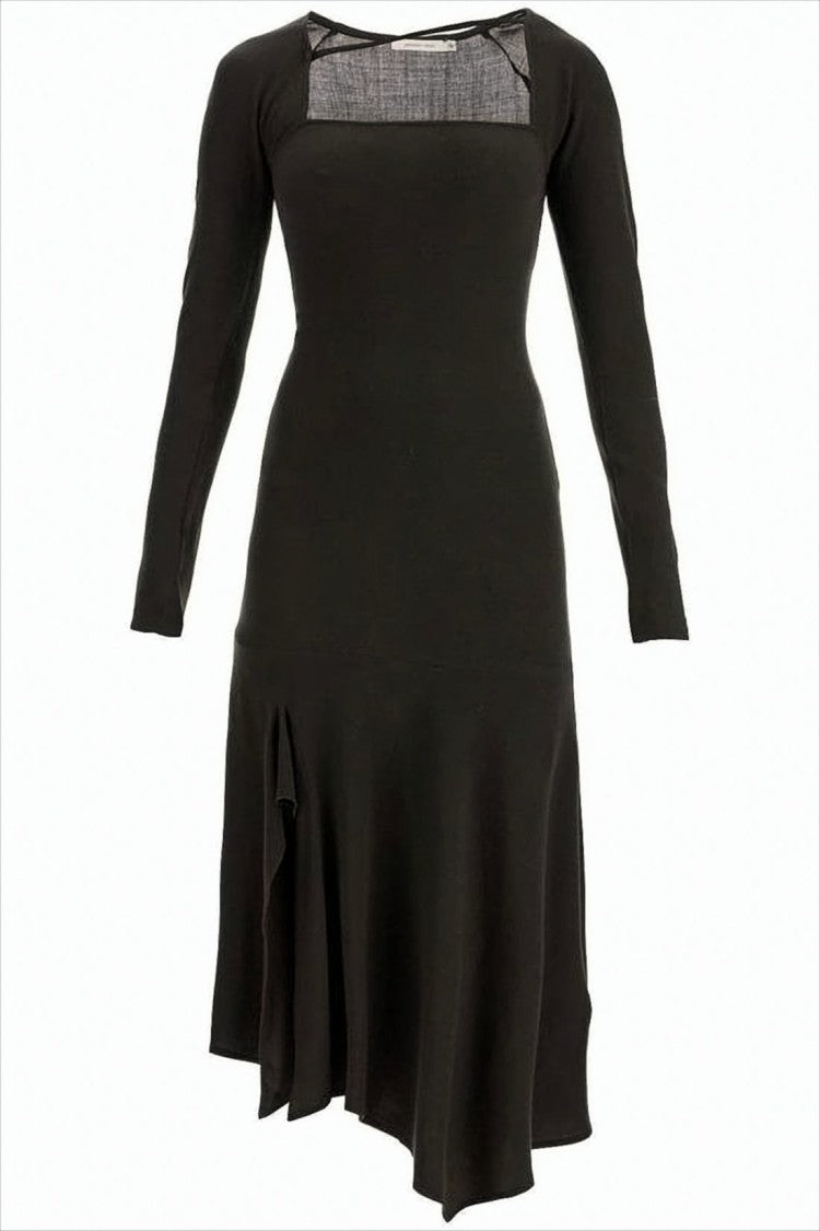 Paloma Wool Fitted Black Midi Dress With Asymmetrical Hem And Square Neckline
