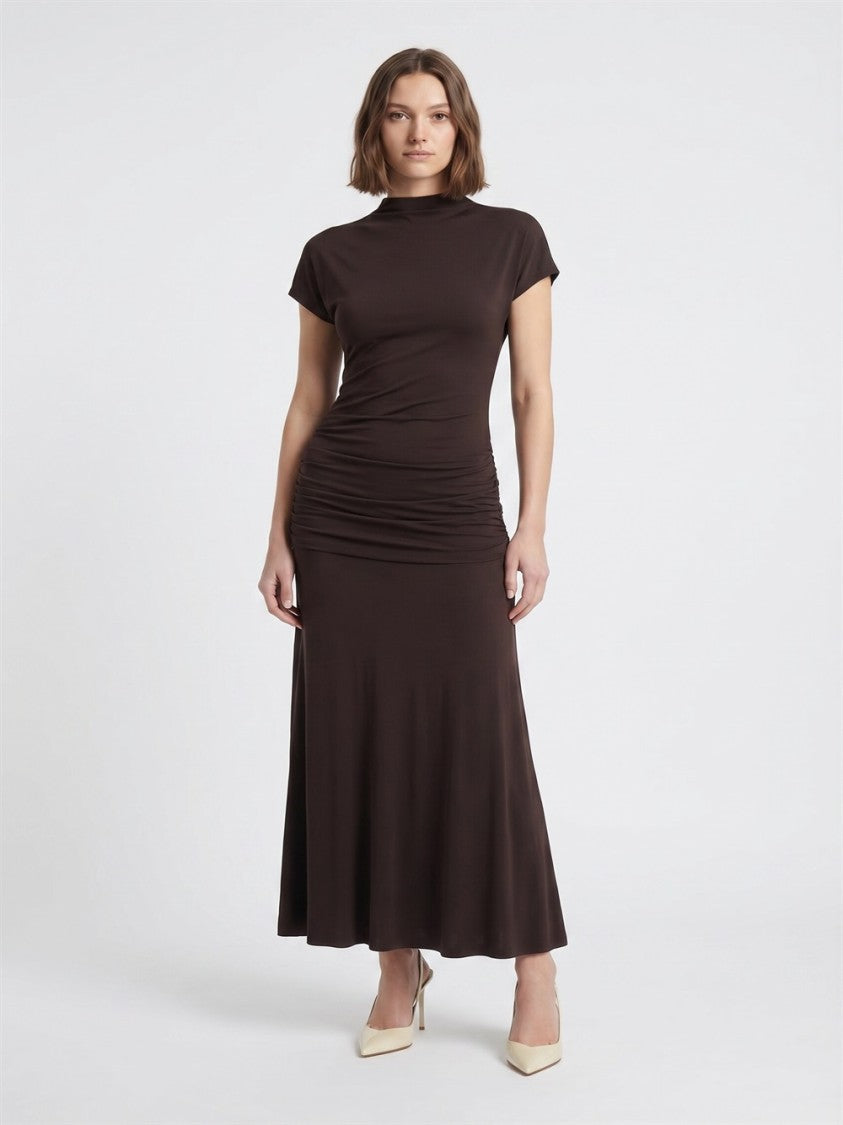 Semi Couture Brown Gwen High-Neck Ruched-Hips Viscose Midi Dress