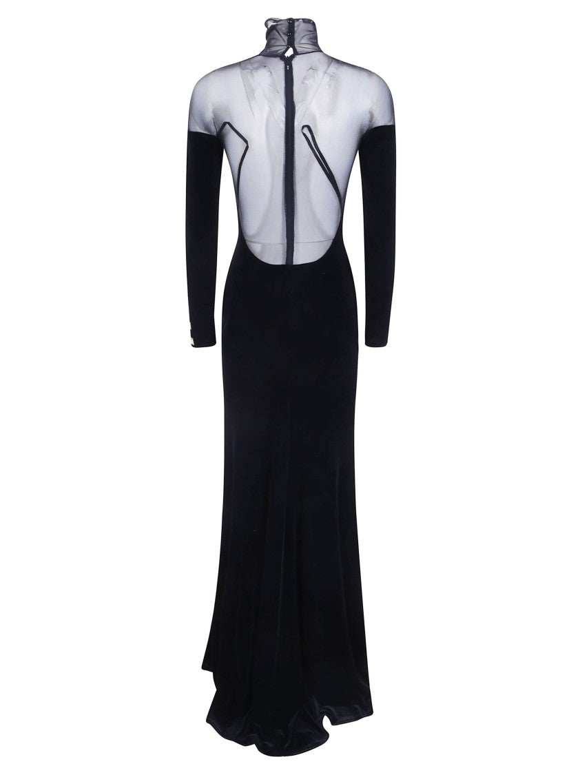 Elisabetta Franchi Long Fitted Sheer Mesh Keyhole Dress