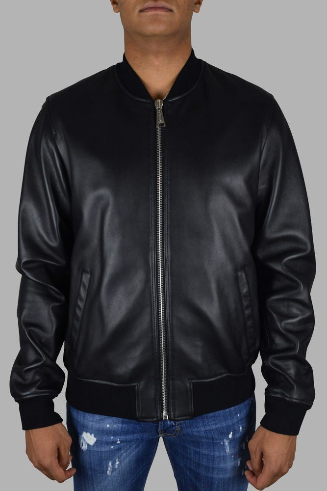 Philipp Plein Black Leather Bomber Jacket