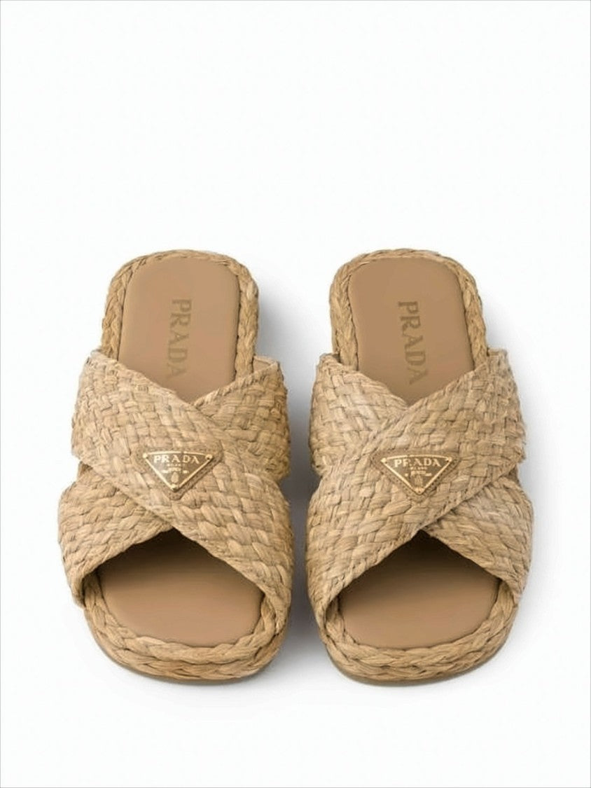 Prada Woven Raffia Slip-On Mules With Triangular Logo Accent