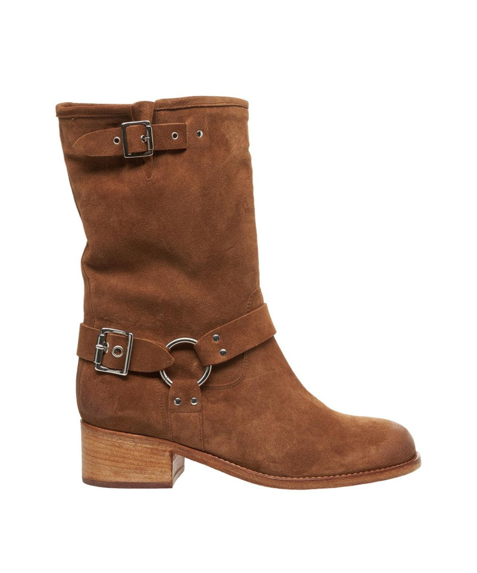 Curiosite Rounded Suede Biker Boots With Metallic Accents