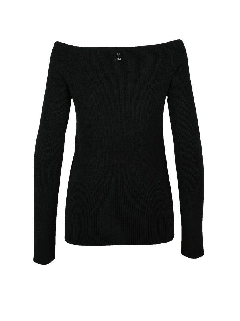 Patrizia Pepe Chenille Black Pullover With Boat Neck Design And Ribbed Detailing