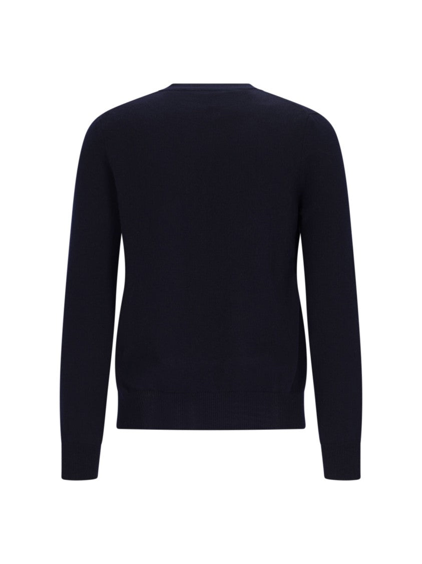 Comme Des Garçons V-Neck Red Heart Patch Blue Wool Cardigan