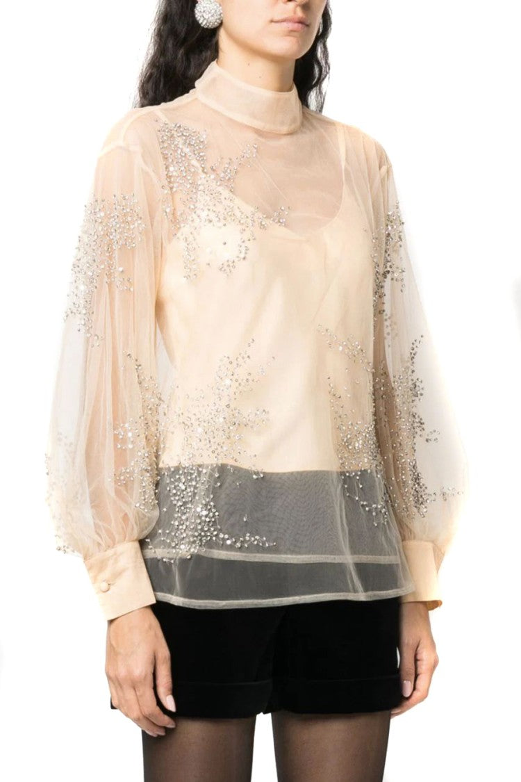 Des Phemmes Puff Sleeve Beige Sheer Blouse Embellishments