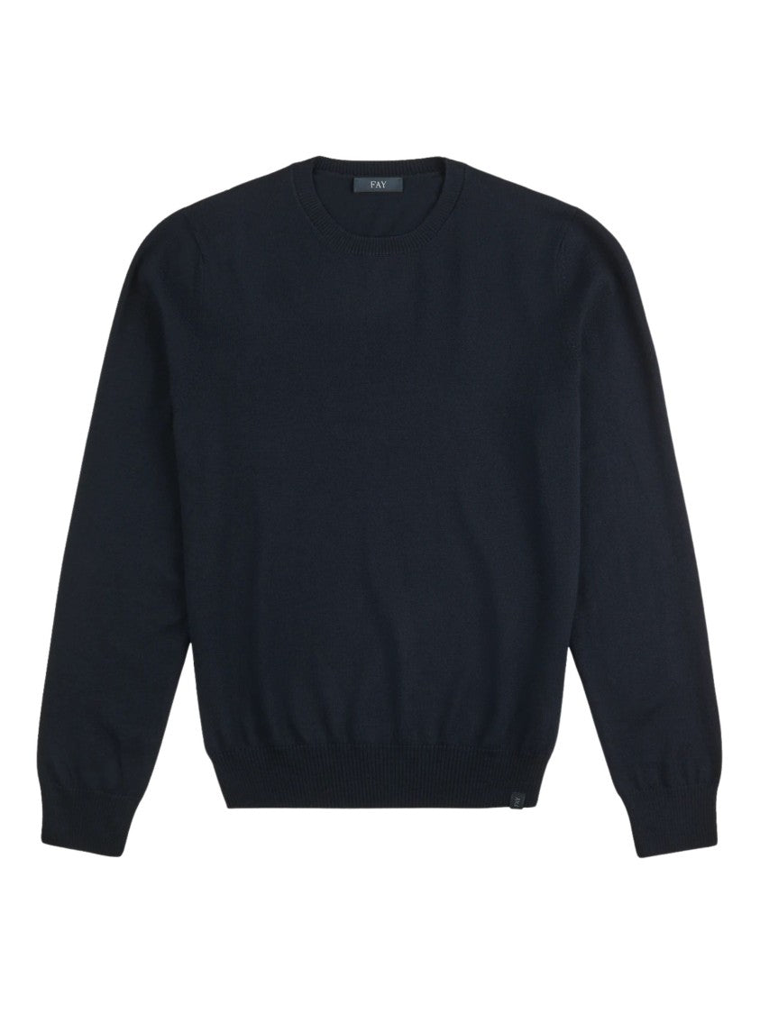 Fay Navy Blue Fine Knit Wool Sweater With Crew Neck And Ribbed Details