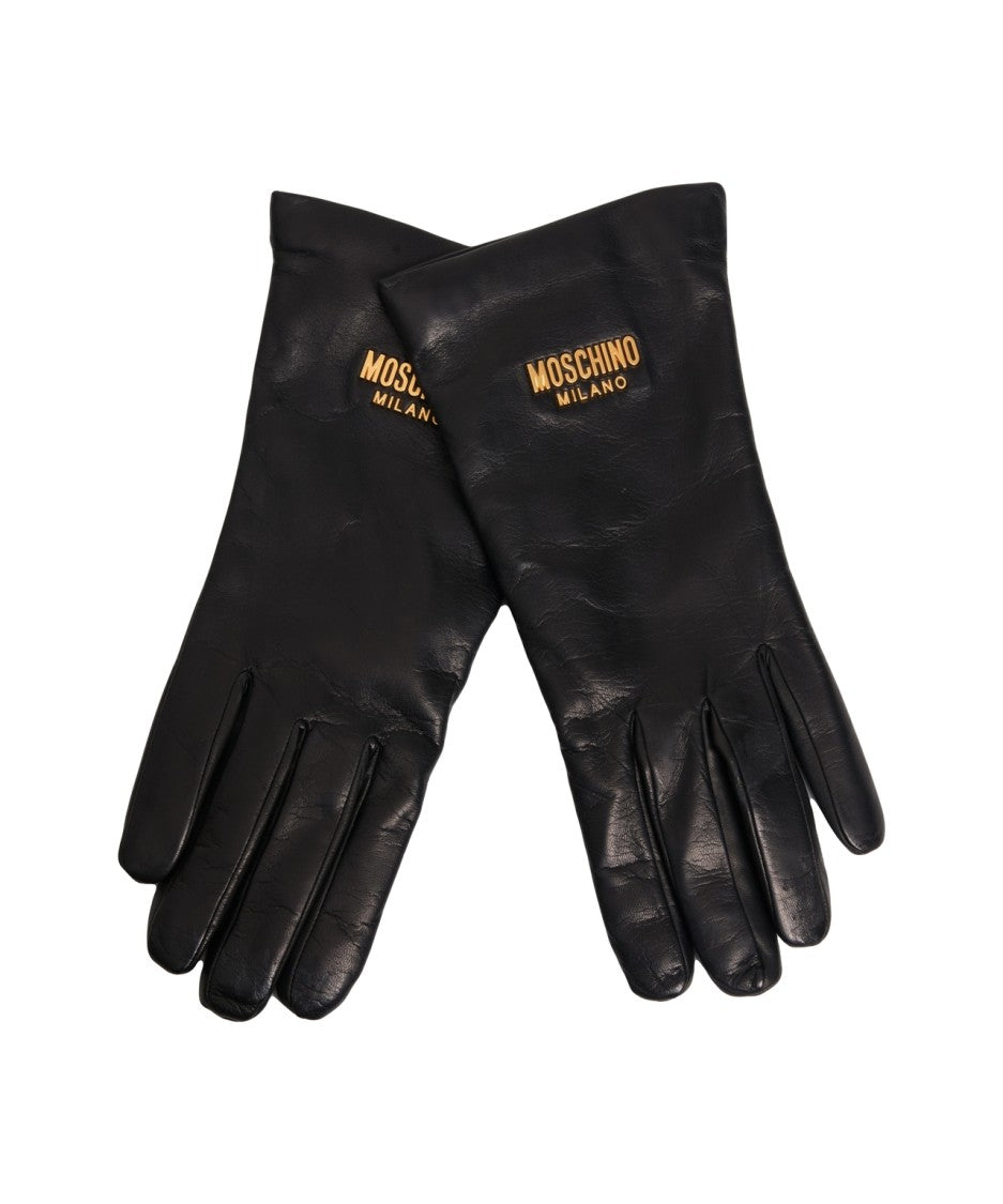 Moschino Black Leather Gloves With Logo Detail