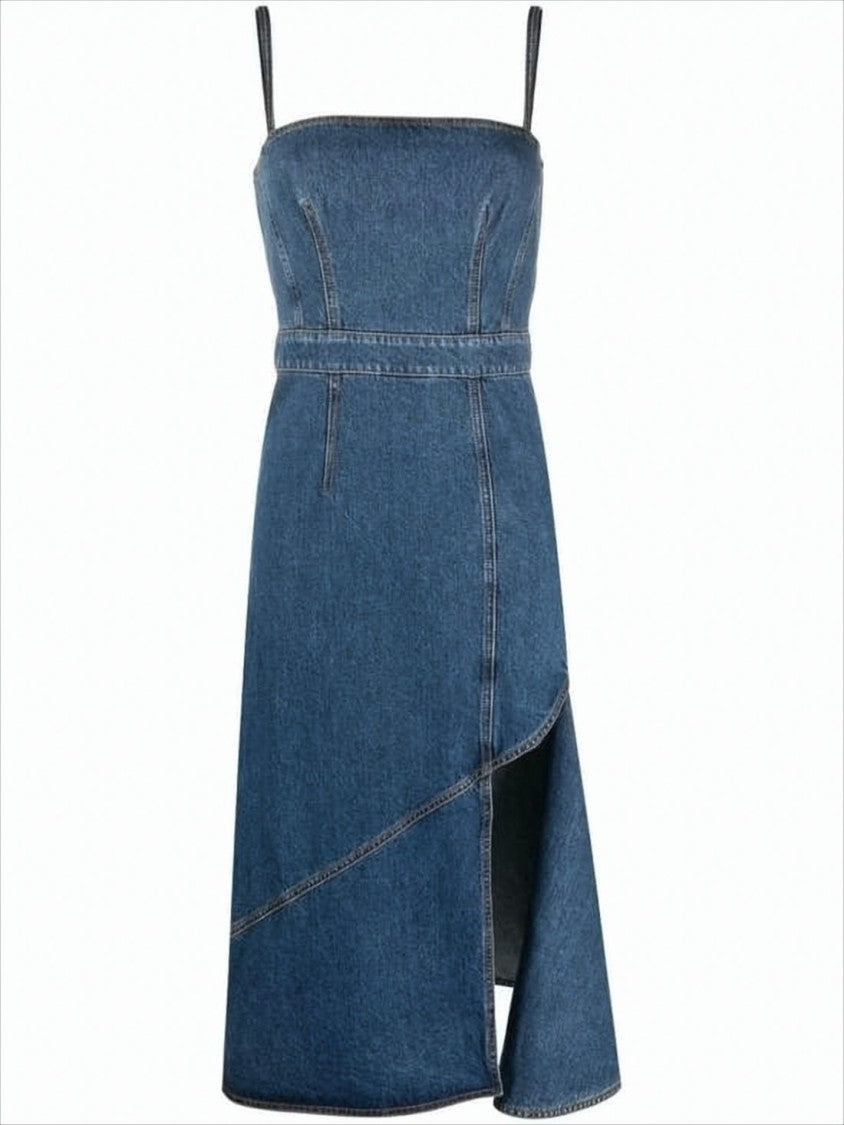 Alexander Mcqueen Structured Denim Long Dress With Slit