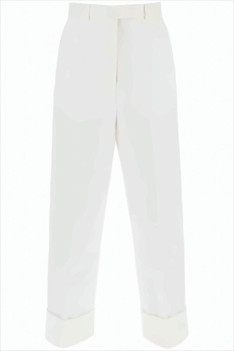 Thom Browne Cropped White Straight Pants With High Waist And Cuffed Hem
