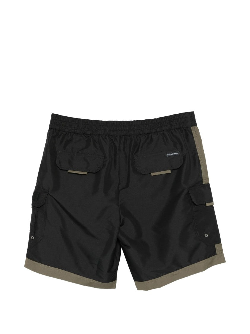 Dolce & Gabbana Black Mid-Length Olive Trim Utility Shorts
