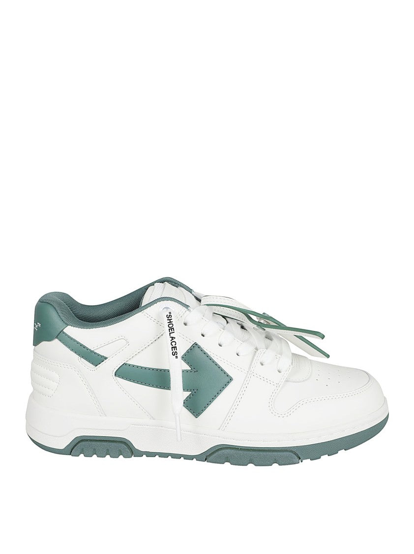 Off-White Low-Top Sneakers With Green Accents And Branded Detailing