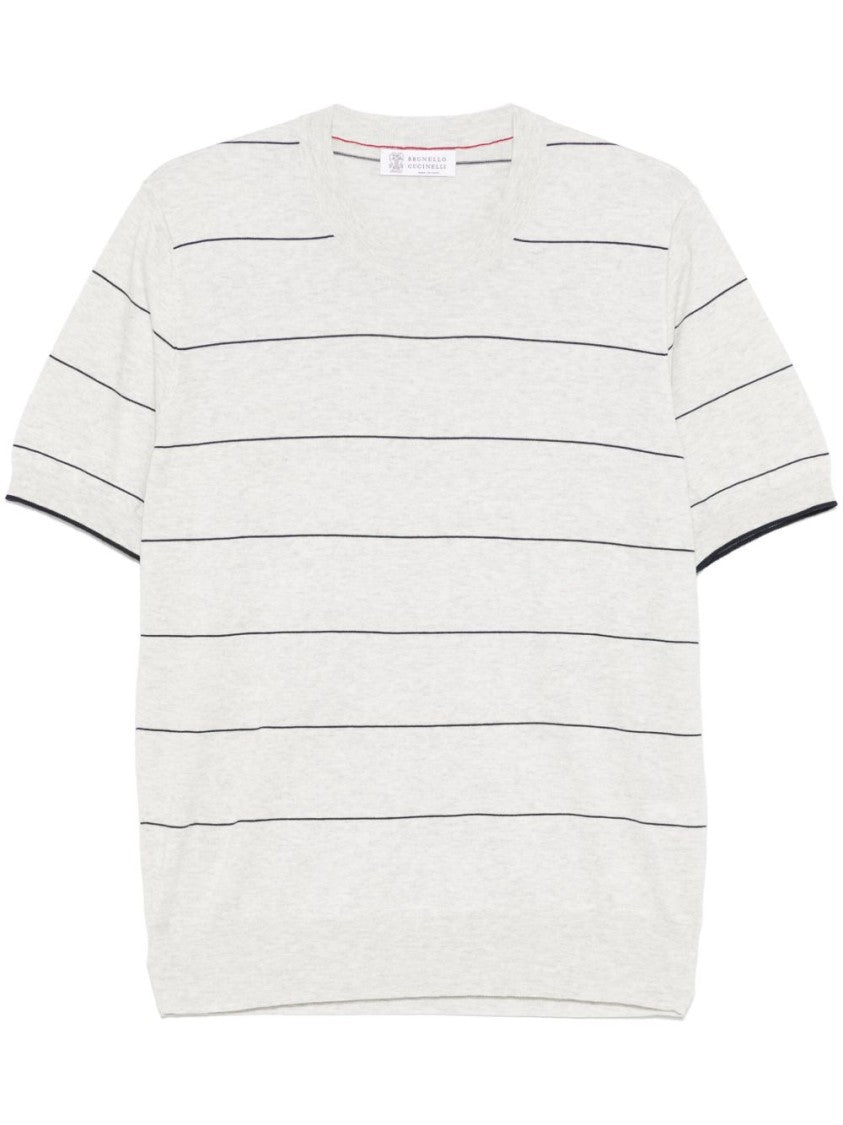 Brunello Cucinelli Light Grey Striped T-Shirt With Relaxed Fit