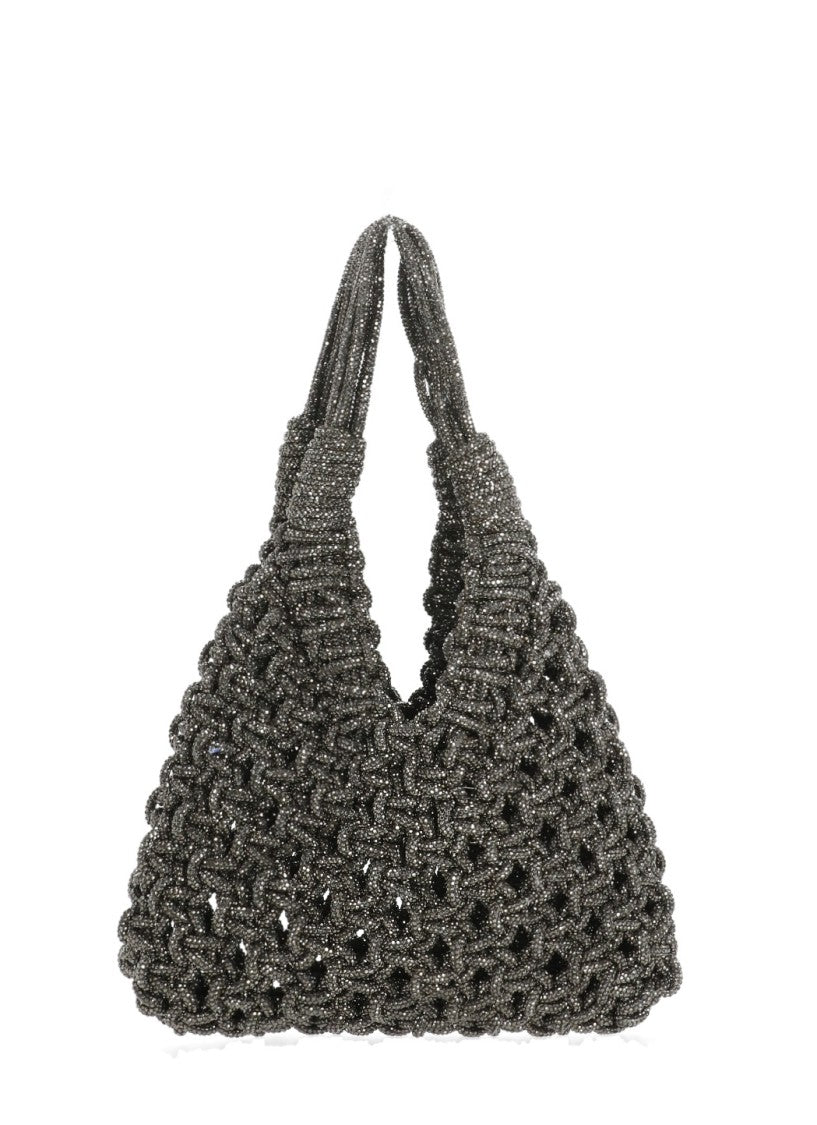 Hibourama Intricate Grey Hematite Jewelry Bag With Woven Crystal Design