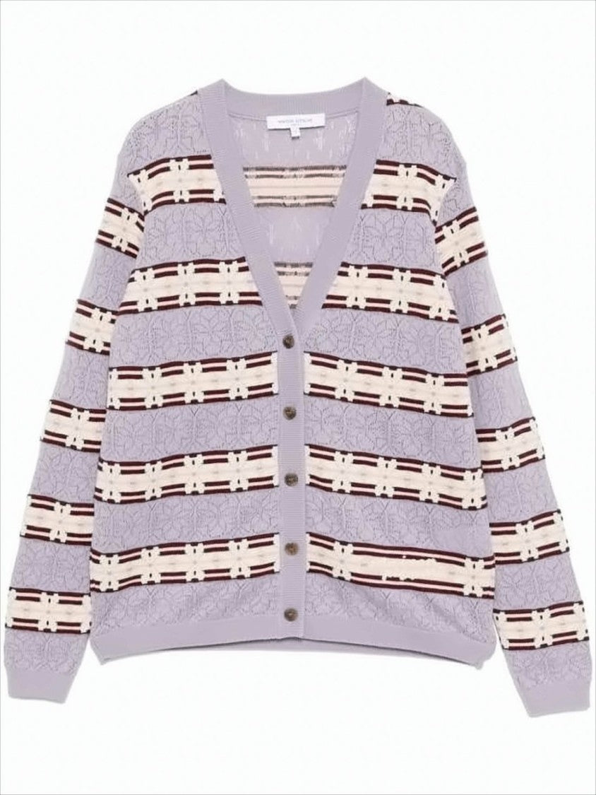 Maison Kitsuné Lilac Striped Textured Knit Cardigan With V-Neckline