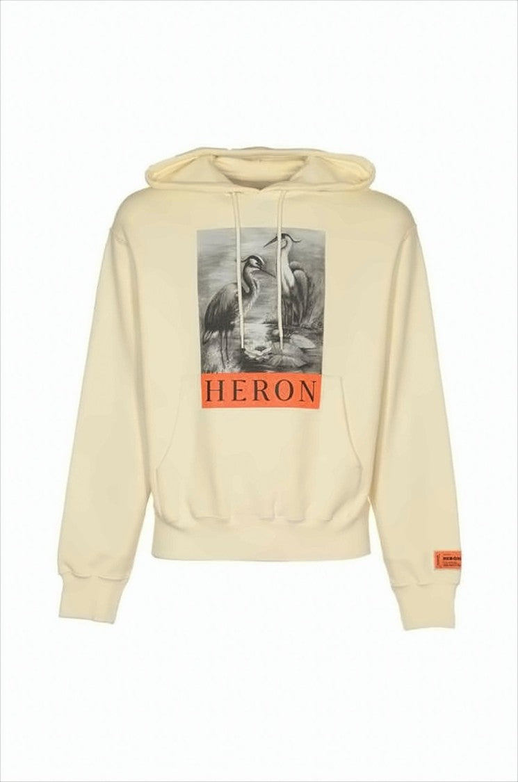 Heron Preston Cropped Beige Hoodie With Heron Illustration And Bold Patch