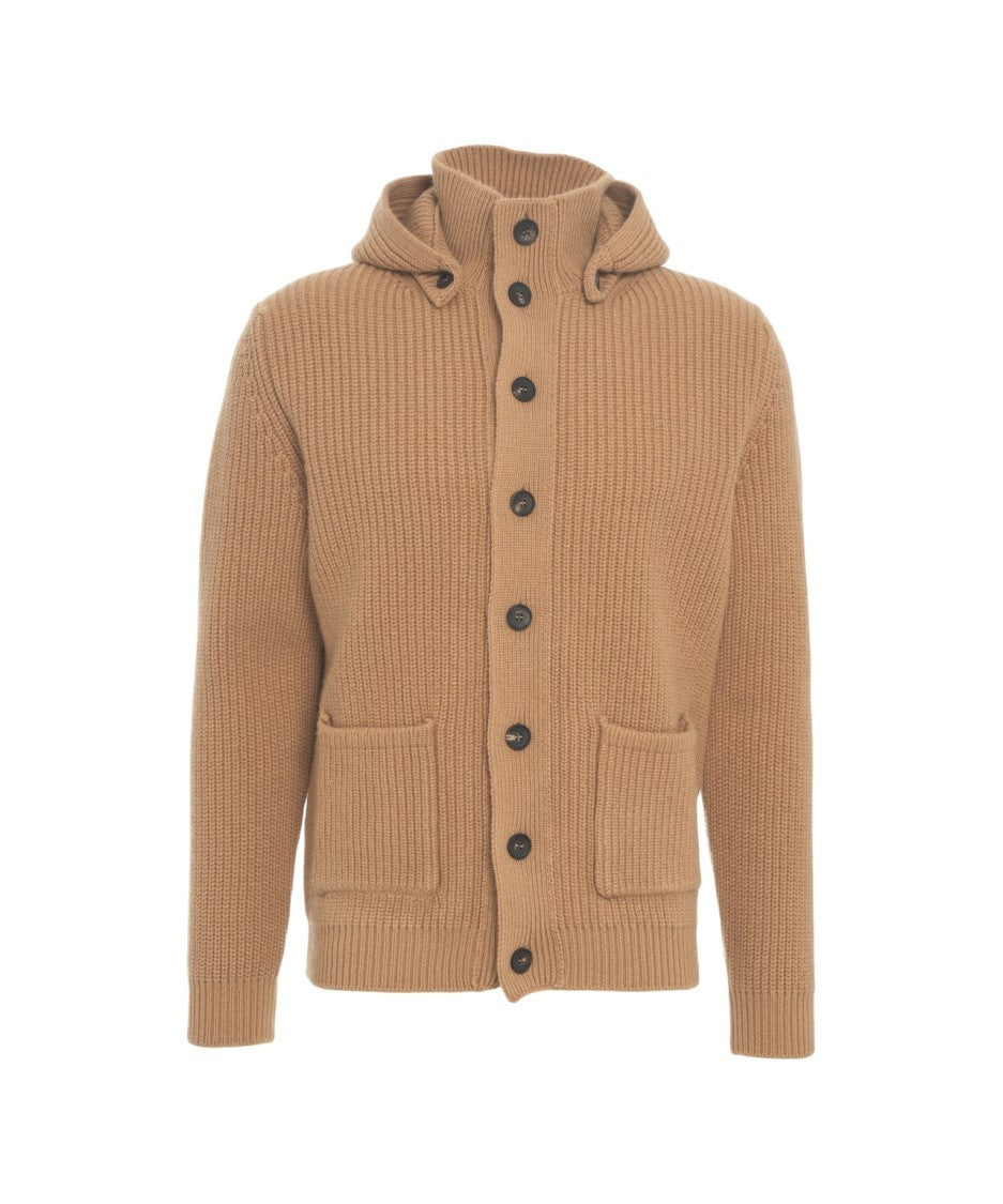 Gender Beige Ribbed Knit Cardigan With Hood And Button Closure