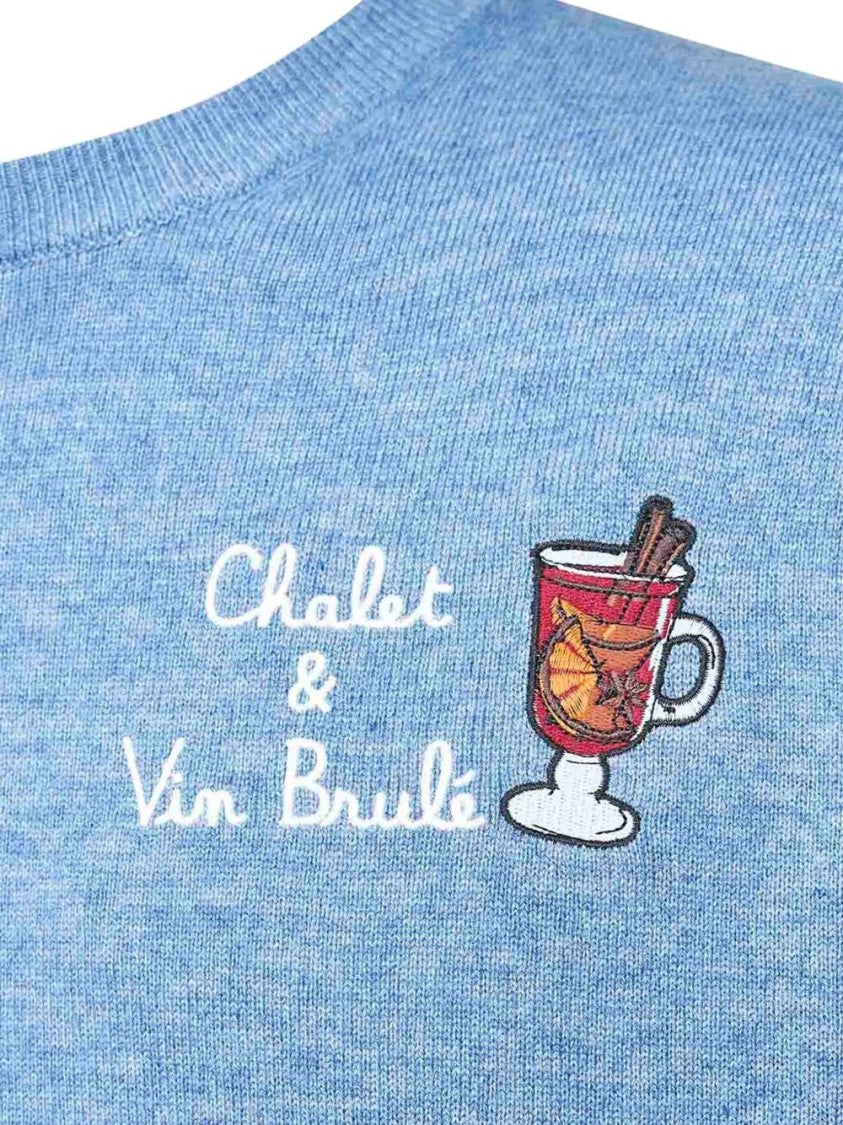 Mc2 Saint Barth Light Blue Ribbed Crewneck Sweater With Embroidered Design